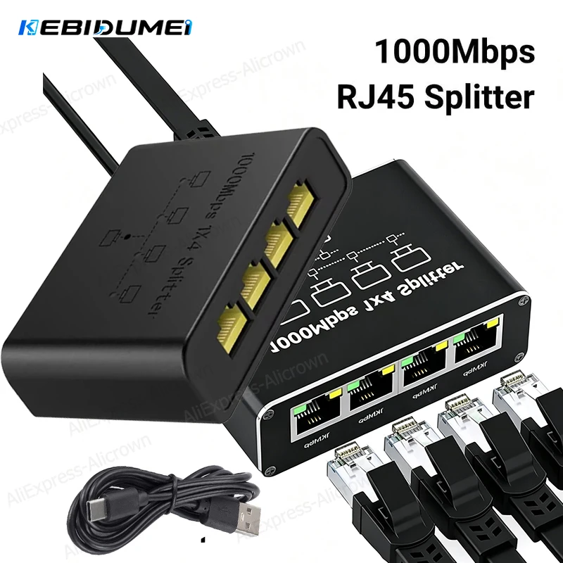 KEBIDUMEI Gigabit Network 4 in 1 Switch Ethernet RJ45 Network Port 100/1000Mbps Network Cable Connection Splitter Cable Expander