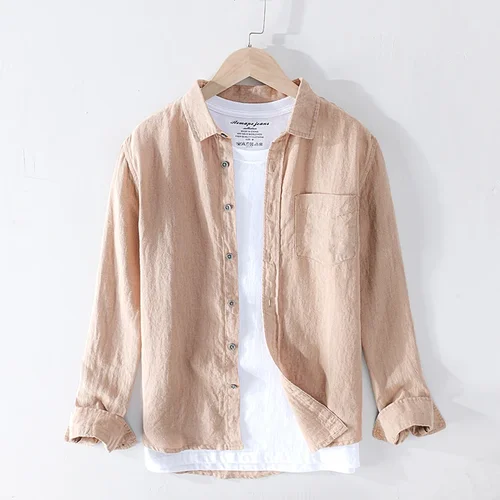 Imagen 2 del producto Camisas de lino puro para hombre, Tops clásicos básicos informales de manga larga con cuello vuelto, ropa Retro de Color sólido a la moda para hombre