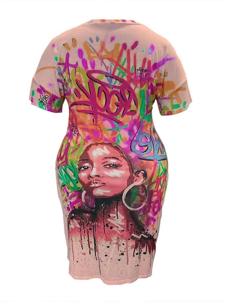 LW Plus Size Graffiti Figura Abiti con stampa per le donne 2025 Primavera Estate Nuovo scollo a V Abito a maniche corte Abito longuette casual femminile