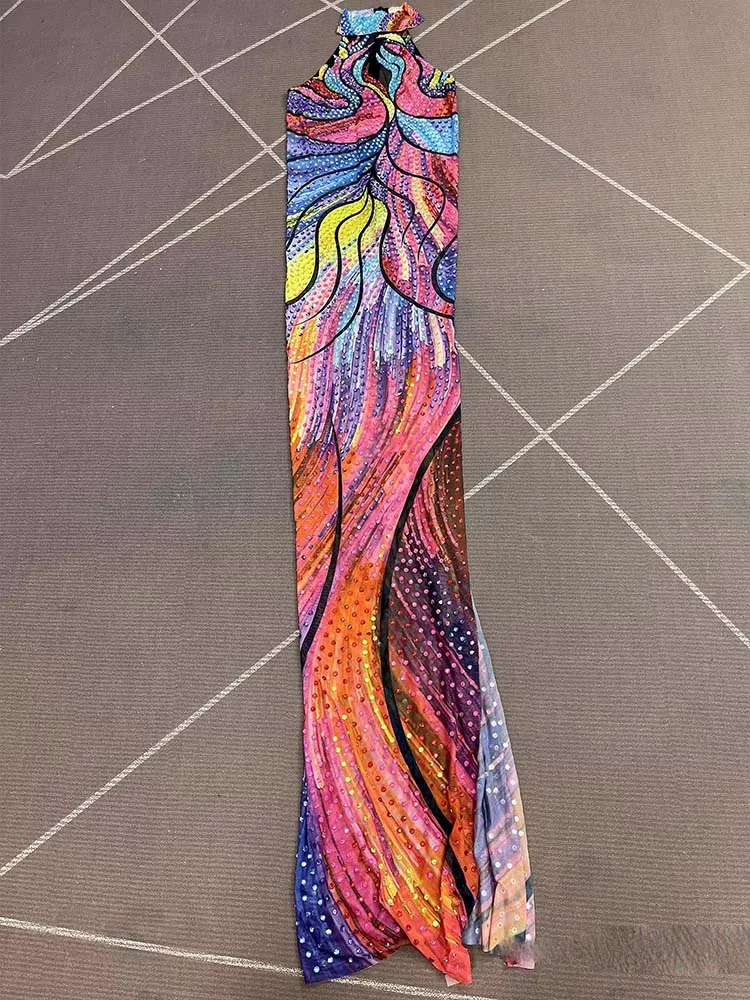 Alta qualidade carimbo quente e bloqueio de cor sexy pendurado pescoço fino ajuste split vestido 2025 nova moda roupas femininas personalizadas