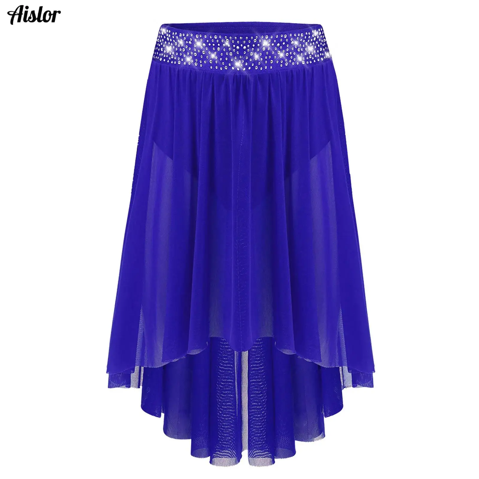 

Kids Girls Shiny Rhinestones Lyrical Dance Skirt Elastic Waistband Asymmetrical Skirt with Built-in Briefs Ballet Leotard Dress
