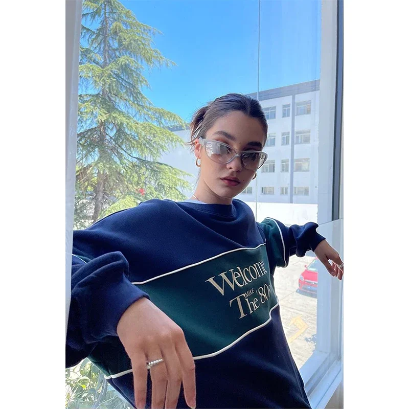 Mexzt Streetwear Sweatshirt Frauen übergroße Brief druck Pullover Vintage koreanische Patchwork lose lässig alle Match Hoodies Tops