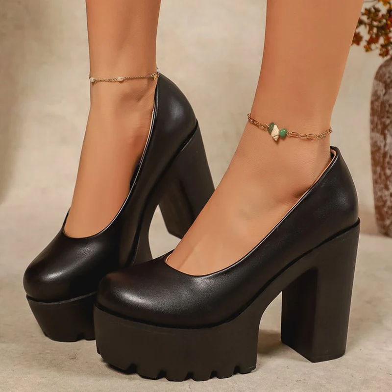 

New Platform Super High Heel Shoes Women Black Pu Leather Thick Heel Pumps Woman 2026 Spring Banquet All-Match Plus Size Shoes