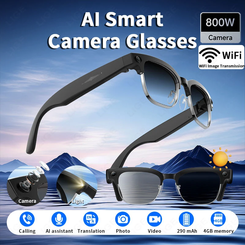 

AI Smart Glasses with 8MP Camera Anti-shake Video Recording Languages Translation Sunglasses Bluetooth Call Music Play Men Wome