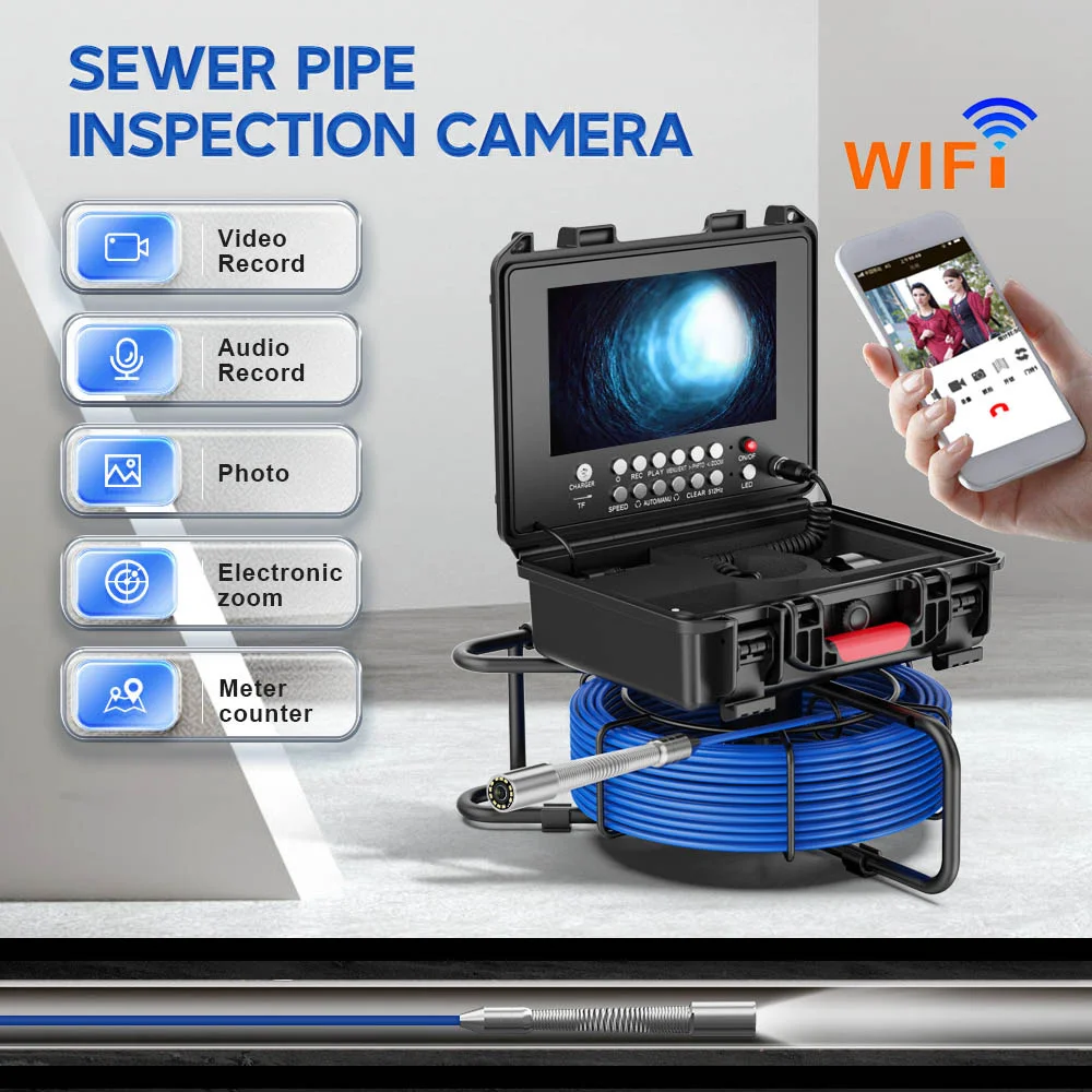 9in hd sem fio wifi/dvr contador de distância câmera de inspeção de tubulação de esgoto câmera de vídeo, dreno endoscópio industrial com medidor