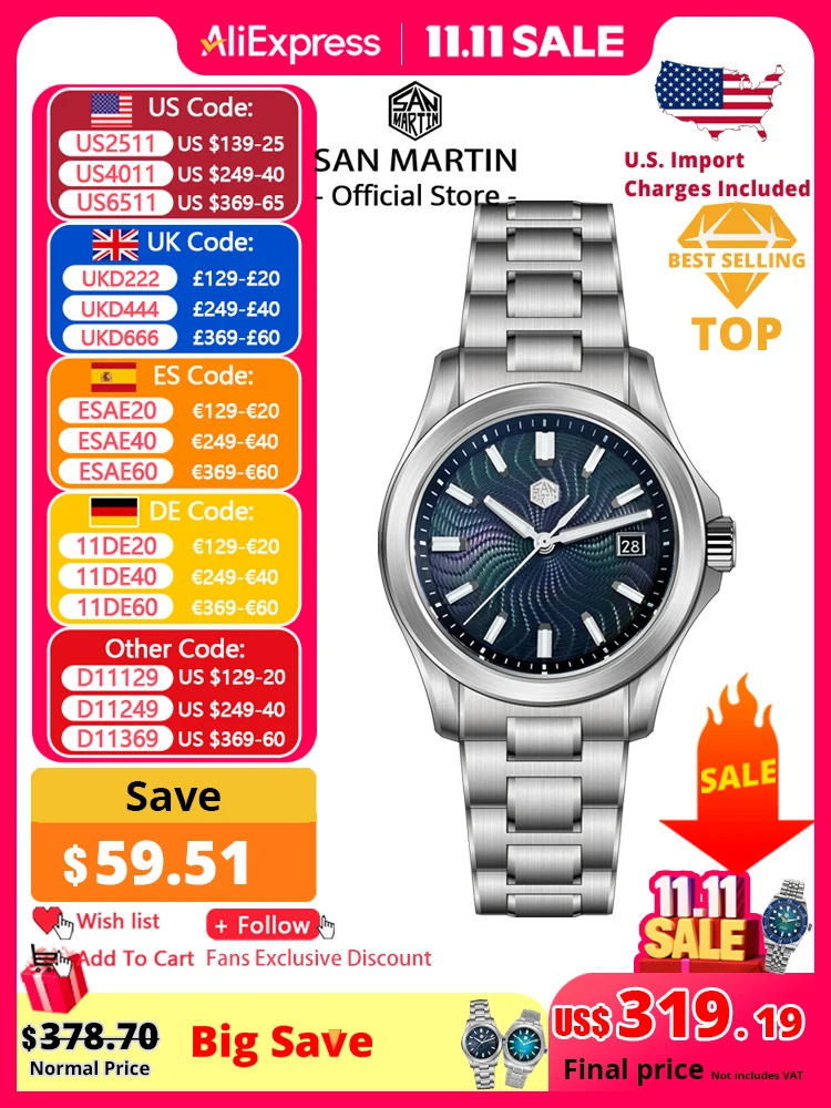 

San Martin Official 39mm Guilloche MOP Dial Gada Watch Miyota 9015 Luxury Men's Automatic Mechanical Watches 10 ATM reloj SN0150