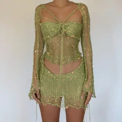 Sexy Sequins Knitted Hollow Out Two Piece Set Women Long Sleeve Cropped Top Mini Skirts 2024 Fashion Skirt Sets Female Outfits