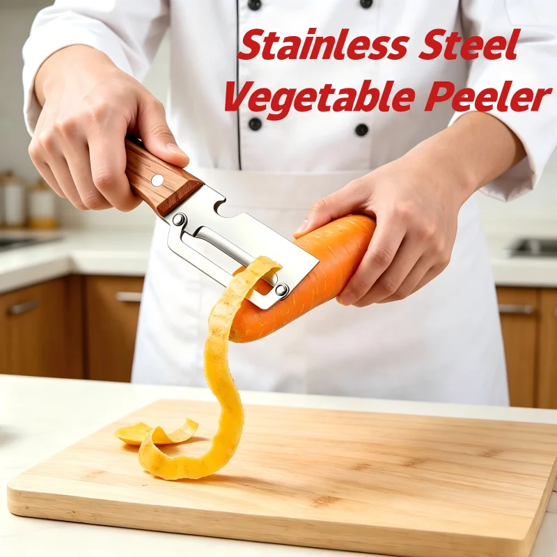 Pelador de verduras multifuncional de acero inoxidable con mango de madera y abridor de botellas para zanahorias, caña de azúcar y más