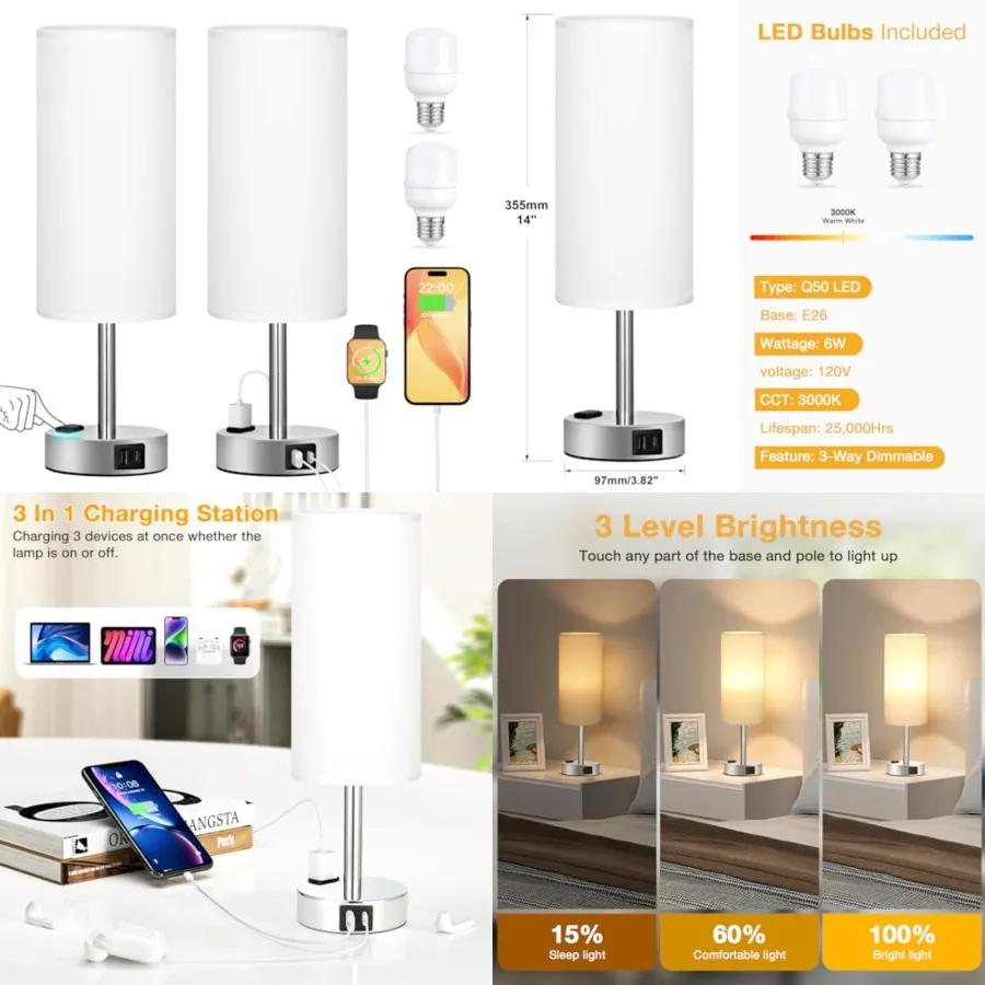 

White Touch Nightstand Lamps Set - 3 Way Dimmable Bedside Table Lamp for Bedroom with USB Ports, Small Lamps with AC Outlet for