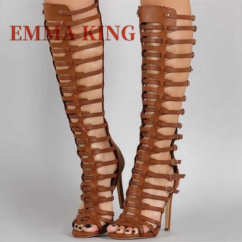 

Women Knee-High Gladiator Sandals with Buckles Open Toe Stiletto Heel Sandals Hollow Out Gladiator Sandals Boots Cutout Shoes