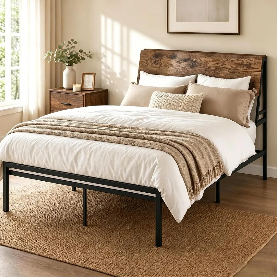 Queen Metal Bed Frame with Wood Headboard, Quiet Support and Easy to Setup