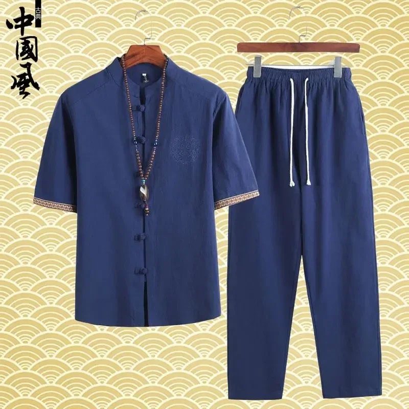 Summer Chinese Style Linen Tang Suit Traditional Clothing Men Shorts Tai Chi Uniform Retro V-neck Short Sleeve Shirt Pants Set