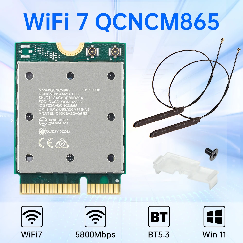 FENVI WiFi 7 QCNCM865 Bluetooth 5.3 Draadloze netwerkkaart Tri-Band 2,4G/5G/6GHz Max tot 5,8 Gbps M.2-sleutel E WiFi-adapter