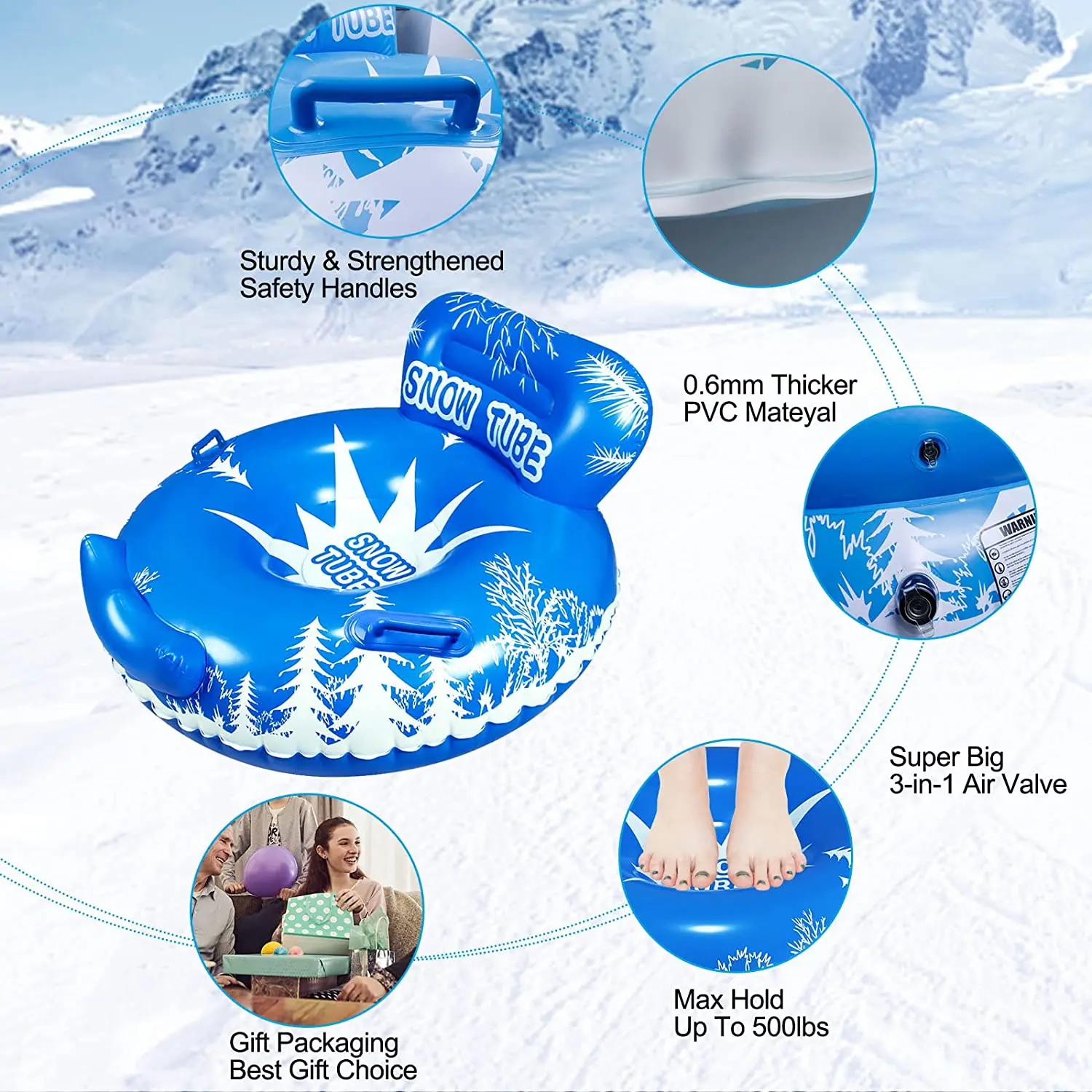 2027  Winter Outdoor Inflatable Snow Tube 0.6mm Tubing Eco-Friendly Durable Model SL003-16 for Adults & Kids Ages 4+