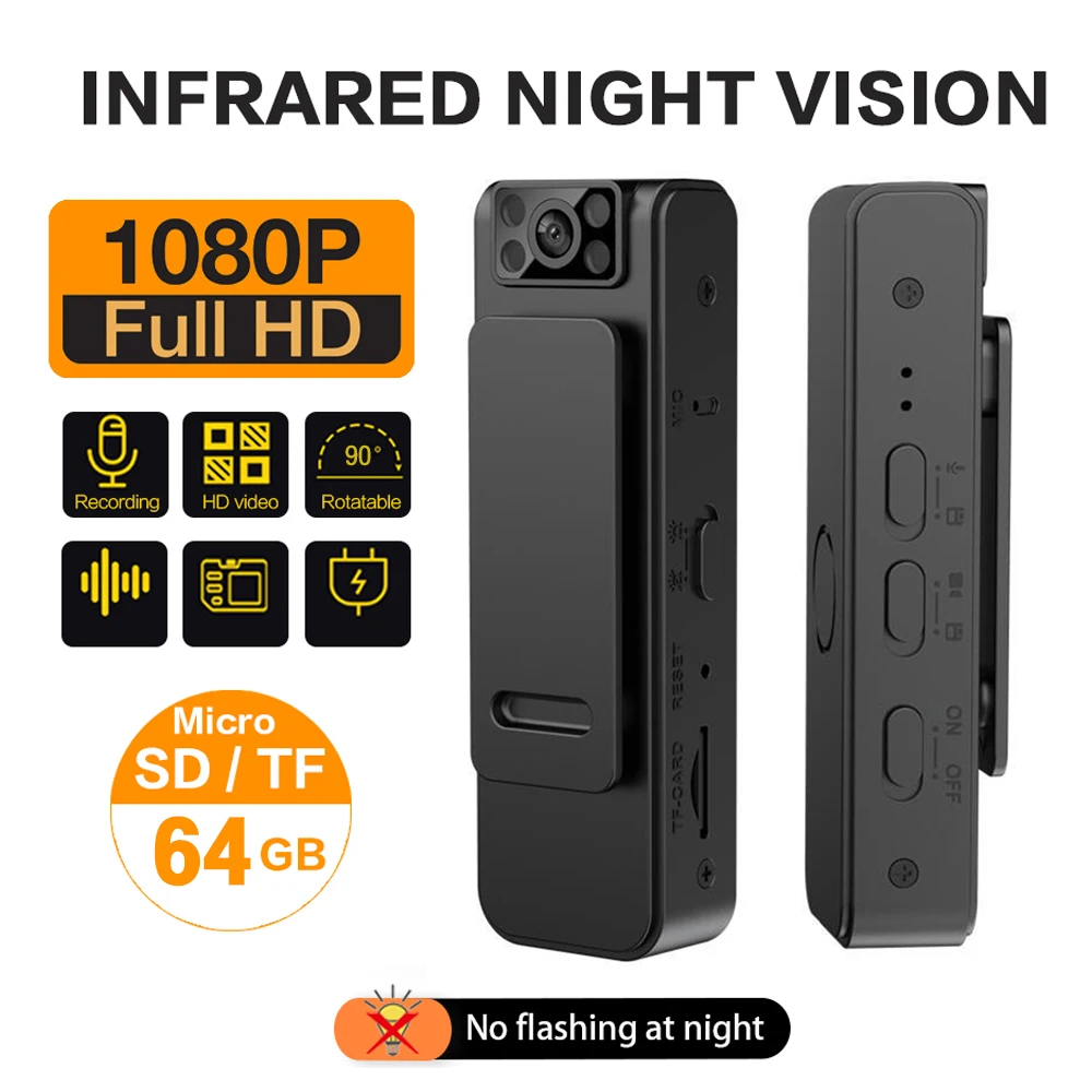 1080P HD Infrared Night Vision Mini Camera 90 Degrees Rotate Lens Magnetic Back Clip Mini Camera Audio Video Record Sports DV