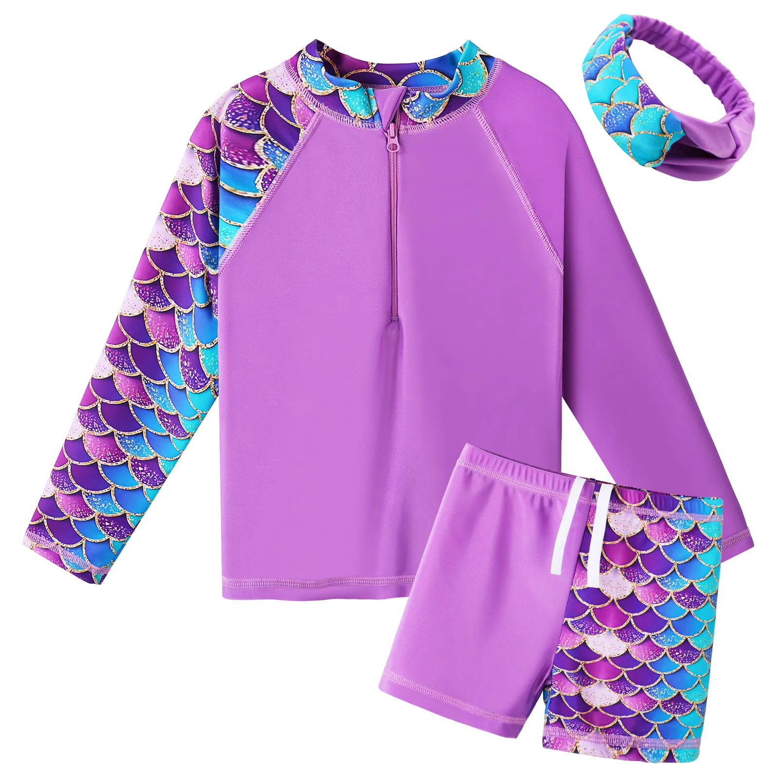 

BAOHULU Girls Rash Guard 3 Pieces Swimsuit Long Sleeve Bathing Suit UPF 50+ Beach Swimwear 5-12 Years with Matching Headband