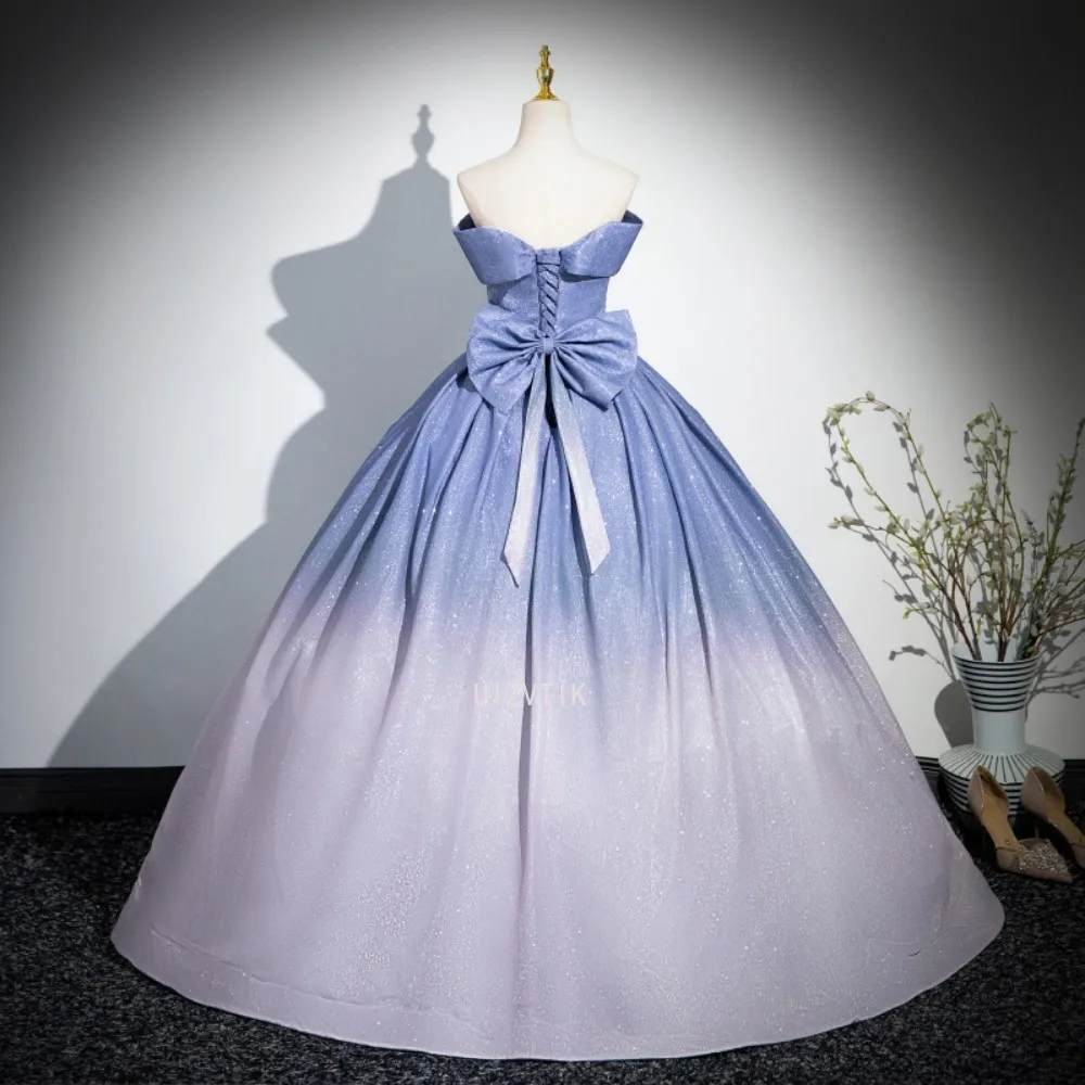 Vestido de fiesta elegante con hombros descubiertos, cambio Gradual, rendimiento azul, lazo, ocasión Formal, vestido de noche para banquete de boda