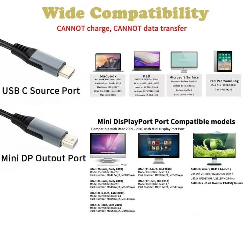 1.8m Thunderbolt3 USB C to 4K@60Hz Mini DisplayPort(Not Compatible with Thunderbolt 2) Type-C To MiniDP Cable for Laptop Monitor