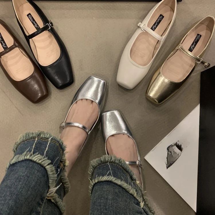 2024 Summer New Brand Women Flats Fashion Square Toe Shallow Mary Jane Shoes Soft Casual Ballet Shoes Slingback Shoes Black