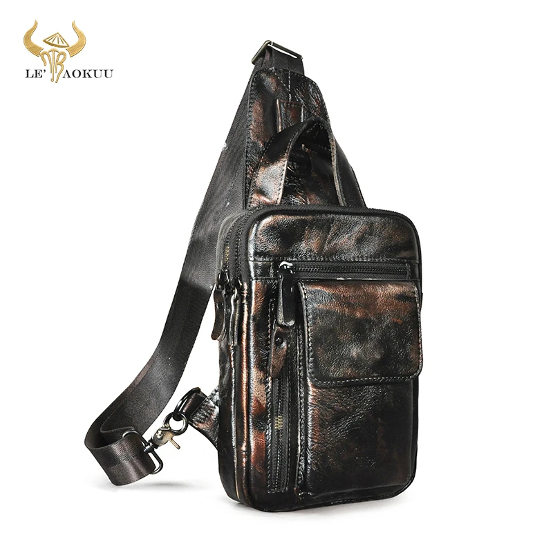 

Natural Cow Leather Men Vintage Coffee Travel Triangle Chest Sling Bag Design 8" Tablet One Shoulder Strap Bag Daypack Male B574