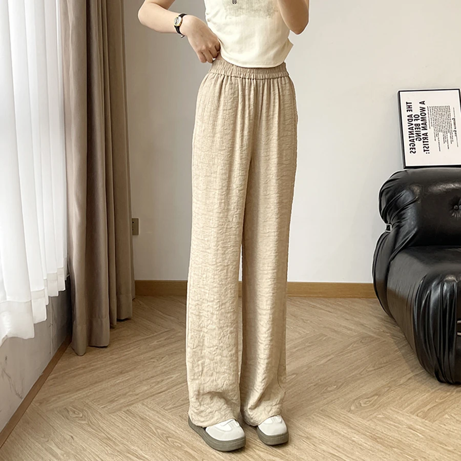 Women's Casual Wide-Leg Pants with Elastic Waistband & Side Pockets - 3D Jacquard Textured Fabric, Khaki Solid Color