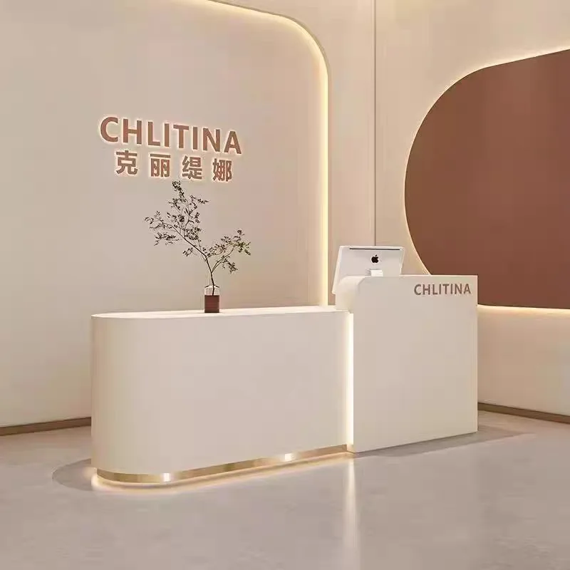 

Customized.Modern Small White & Pink Wood Nail Reception Desk High Quality Front Table for Beauty Salon Barber Shop Hotel & Gym