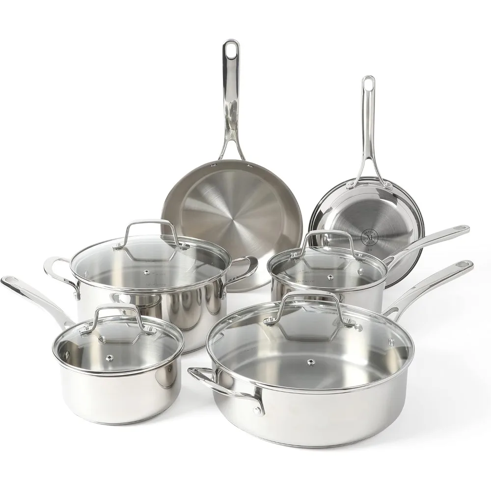 

10 Piece 18/8 Stainless Steel Induction Safe Pots and Pans Non-Toxic Kitchen Cookware Set