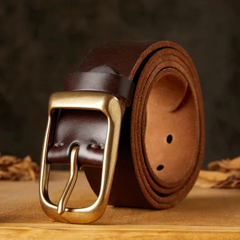 

Simple Nature 3.8cm Width Retro Genuine Cowhide Leather Belt Brass Cooper Pin Buckle Casual Male Jeans Strap