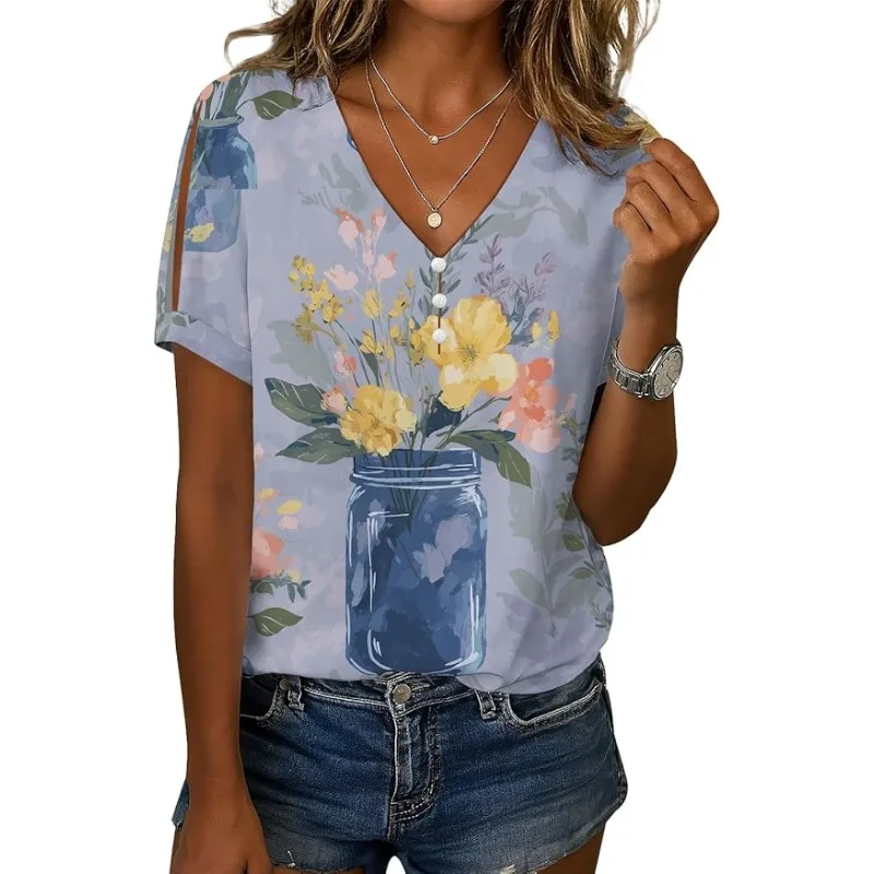 

Women's Shirt T-Shirt Floral Leopard Print Top V-Neck Fashion Women's Vintage Clothing 3D Print T-Shirt Loose Oversized