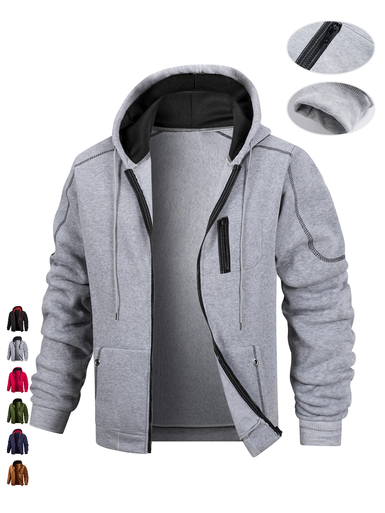 Mens Daily Wear Hooded Jacket Contrast Seam Details Full Zip Drawstring Hood Casual Sweatshirt Coat