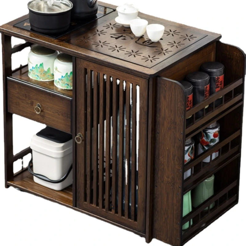 

Zc Mobile Small Tea Table Household Tea Tray Solid Wood Tea Cart Kettle Integrated Tea Cabinet