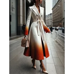 Modigirl Winter Long Coat for Women 2024 New Trendy Long Sleeves Split-Joint Tied Wais A-line Woman Gradient Coats Clothing