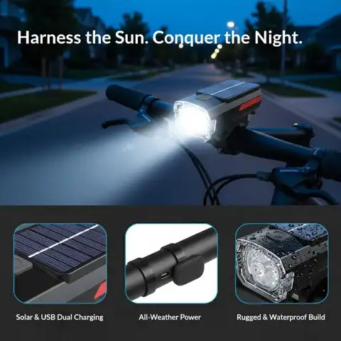 Bicycle Solar Charging Front Light Wide-Angle Road Bike 3 LED Headlight Flashlight Easy To Install Cycling Accessories
