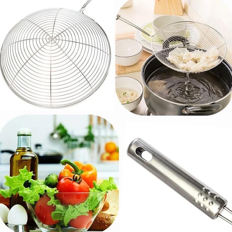 Reinforced Stainless Steel Colander Soup Spoon with Wooden Handle Fine Mesh Strainer Pot Frying Kitchen Convenience Small Tools