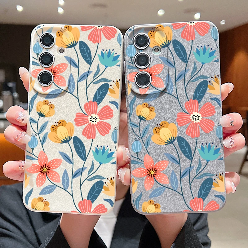 Handmade Flowers Case For Samsung Galaxy A55 A54 A53 A52 A16 A15 A14 A35 A34 A25 5G S20 FE S21 S22 S23 S24 Ultra Leather Texture