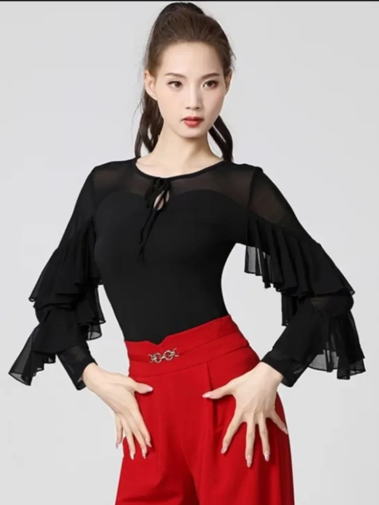 Ballroom Mesh Patchwork Street Dance Party Tops Graduation Latin Costume Ruffle Pole Clothing Original Carnival Women Jazz Shirt