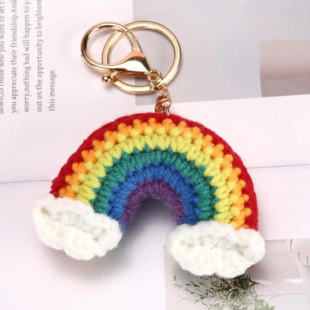 Knitted Pendant Rainbow Color Heart Flower Shape Crochet Keychain Soft Cotton Thread Handmade Bag Charm Keys Backpack Accessory