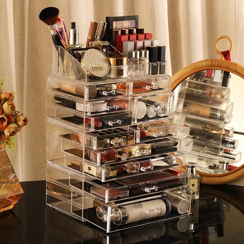 Clear Makeup Storage Organizer Drawers Skin Care Large Cosmetic Display Cases Stackable Storage Box With 11 Drawers