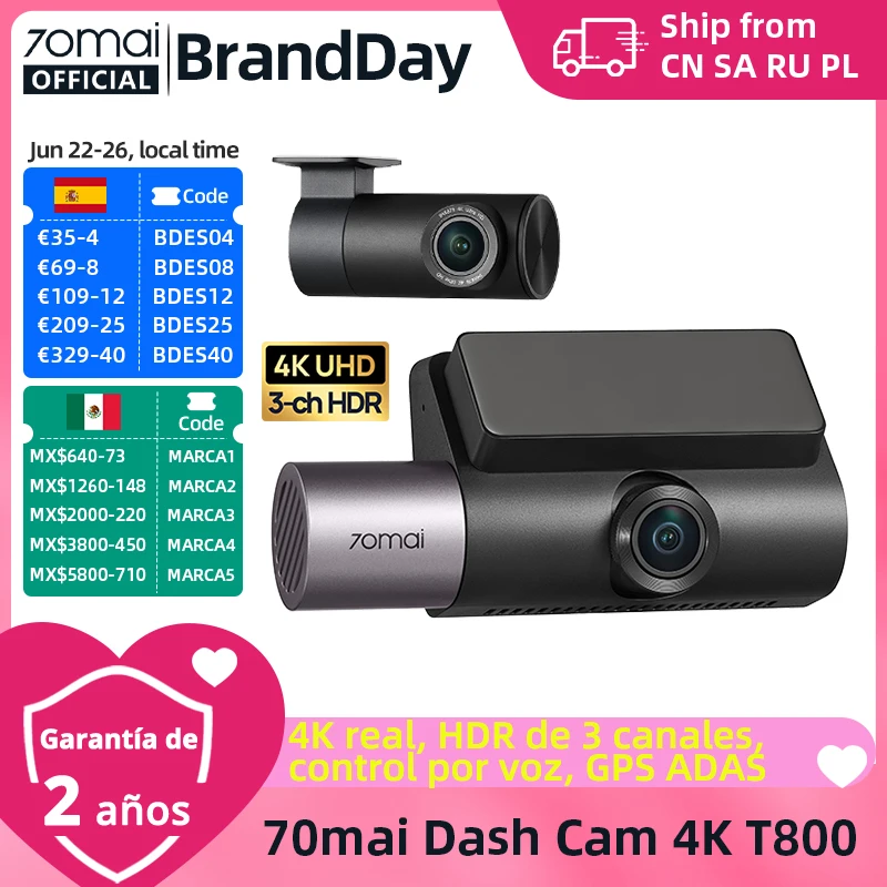 【Armazém Loco】70Mai 4K Dash Cam T800 3 Canales Reconding Triple Hdr Control De Voz 4G Lte Control Remoto Coche Dvr 70Mai T800 — -53%, 607.45€ Coupon, from 536.06€ – 53% descuento – €536.06