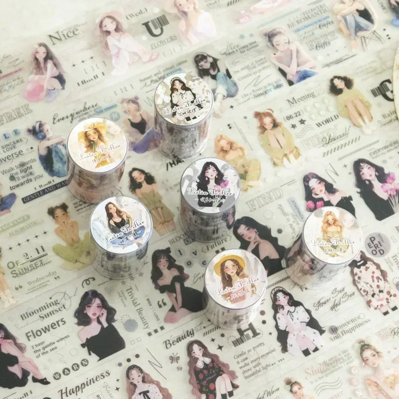

1Roll 2M PET Material Decorative Stickers Adhesives Round Stickers Tape Character Listen Handbook Tapes Scrapbook 60mm*2m