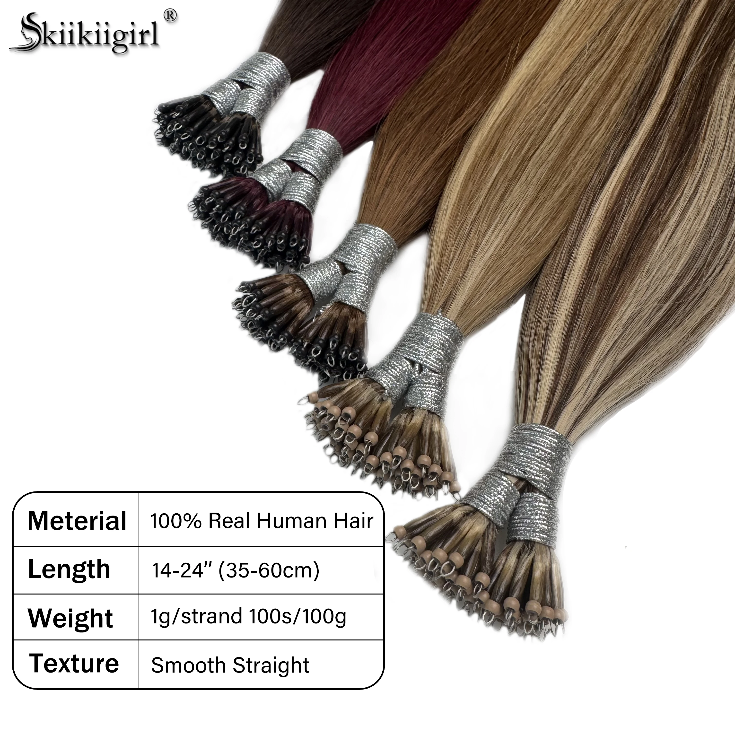 kiikiigirl شعر بشري وصلات صغيرة وصلات شعر 1 جرام/حبلا حلقات نانو 100 قطعة خرزة نانو مسبقة الربط 16-24 بوصة شعر أشقر مستقيم