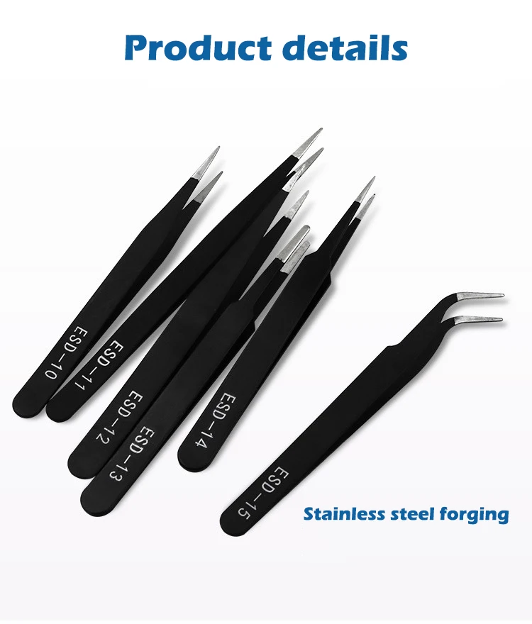 6-teiliges Präzisionspinzetten-Set, ESD, antistatisch, für die Elektronikreparatur, gerade, gebogen, Industriepinzette, Handwerk, Löten, Handwerkzeug – Detail 1