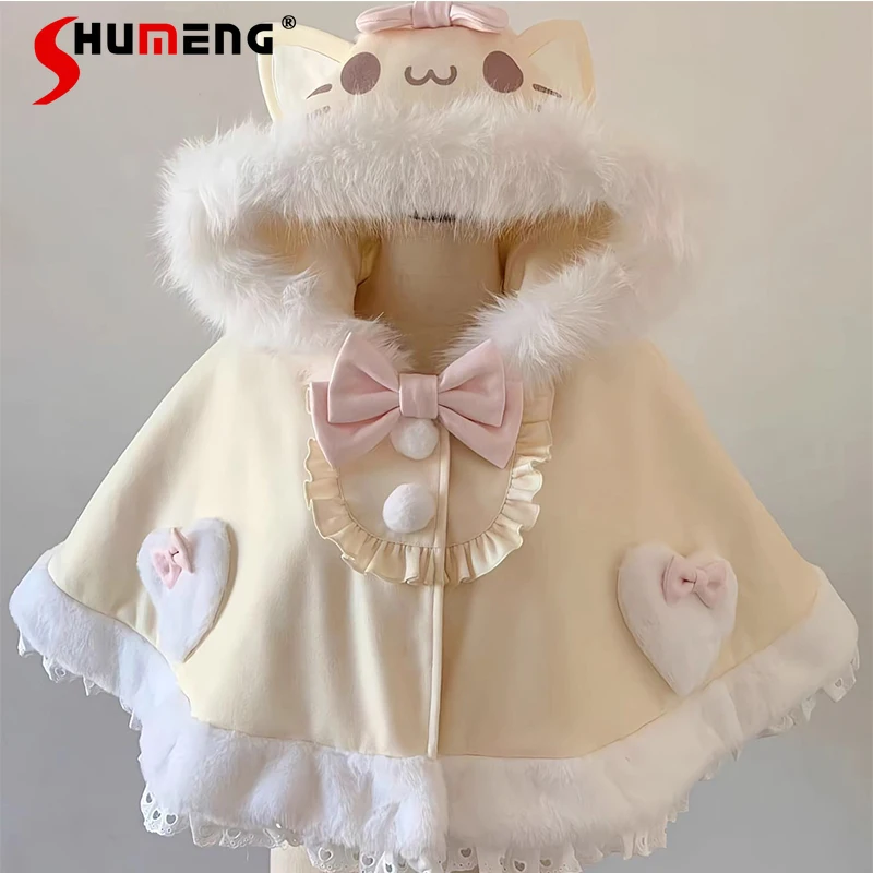 

Sweet Cute Bowknot Cape Coat Winter Cat Ear Hat Cloaks Woolen Shawl Jacket Japanese Lolita Long-sleeves Kawaii Clothes Ponchos