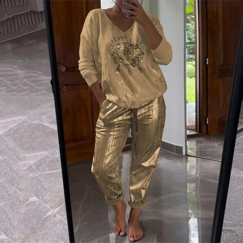 Women Wide Leg Pants Eye Print V Neck Top Pants Set for Women T-shirt Trousers Set Gold Shining Eye Print Women 2 Piece Set