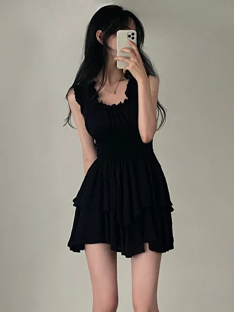 

Summer New Women's Hebe Sle Ruffle Hem Vest Dr Asymmetrical Wooden Folded ort Skirt Svel Other Materials 00%