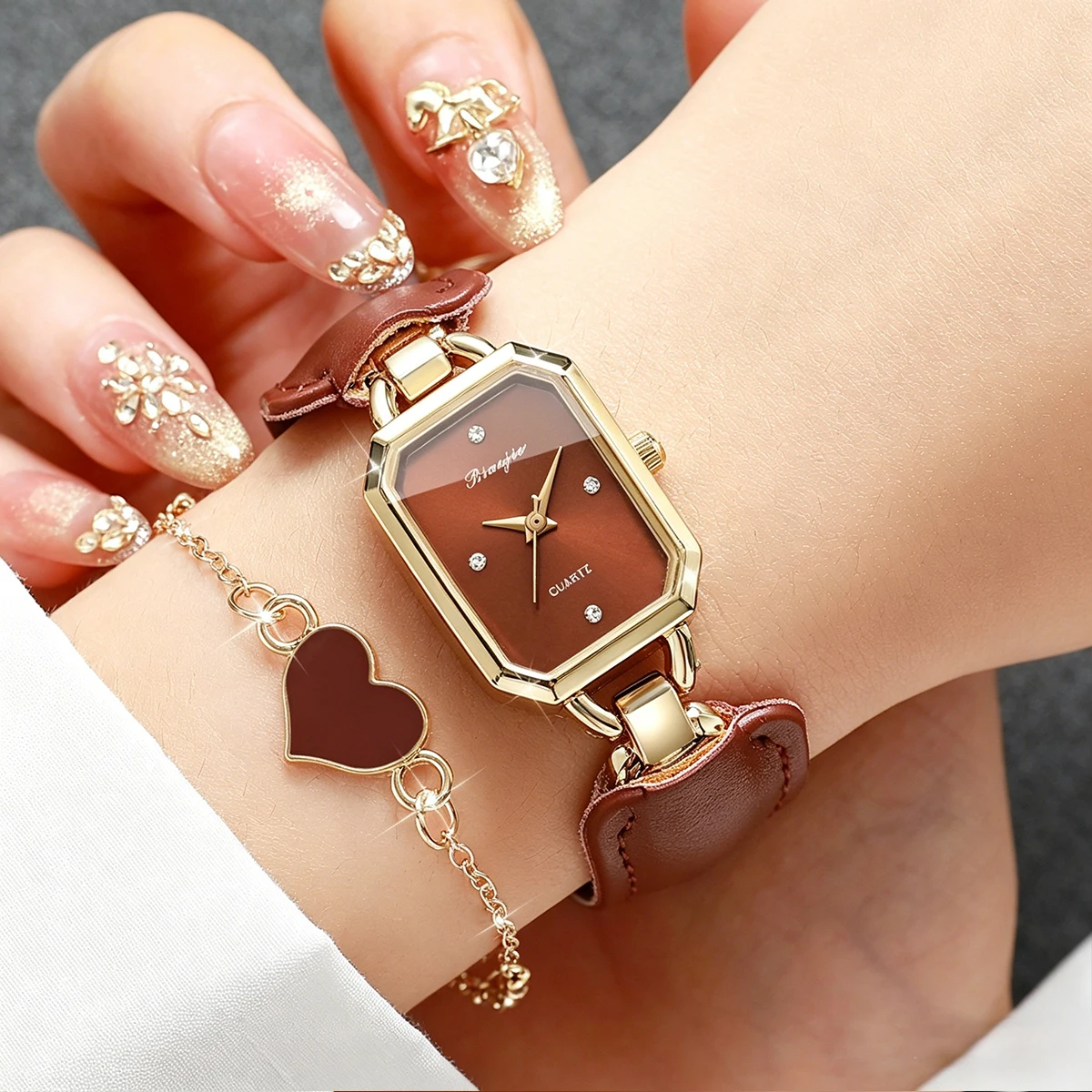 5PCS/Set Fashion Rectangle Women Watches Elegant Leather Strap Quartz Wristwatches Heart Jewelry Set Reloj Mujer (Without Box)