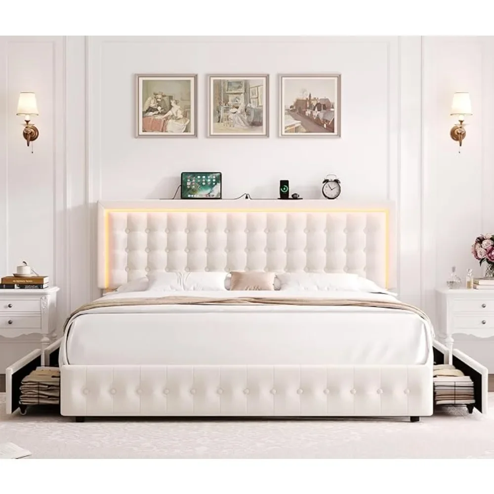 King LED Bed Frame W/ Charge Station & Storage Drawers & Adjustable Headboard, Velvet Button Tufted Platform Bed, Bed Frame