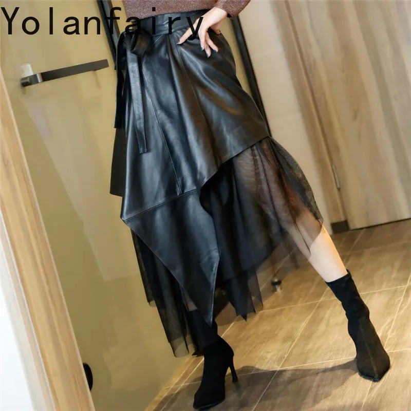 YOLANFAIRY Real Sheepskin Leather Skirt 2026 Woman Autumn A Line Skirt Over-knee Mesh Spliced Real Leather Skirts Female 치마 롱스커트