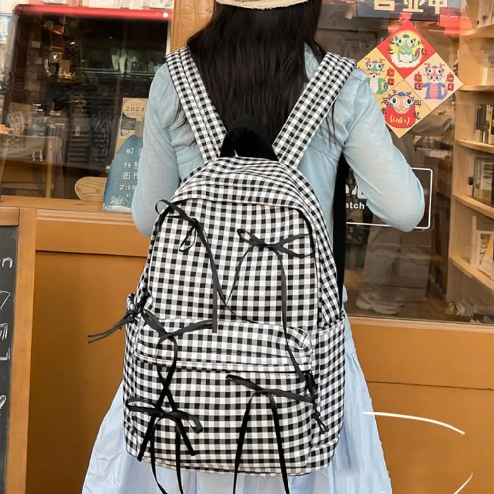 

Fashion Nylon Bowknot Backpack Korean Style Large Capacity Student School Bag Y2K Aesthetic Plaid Knapsack Ladies