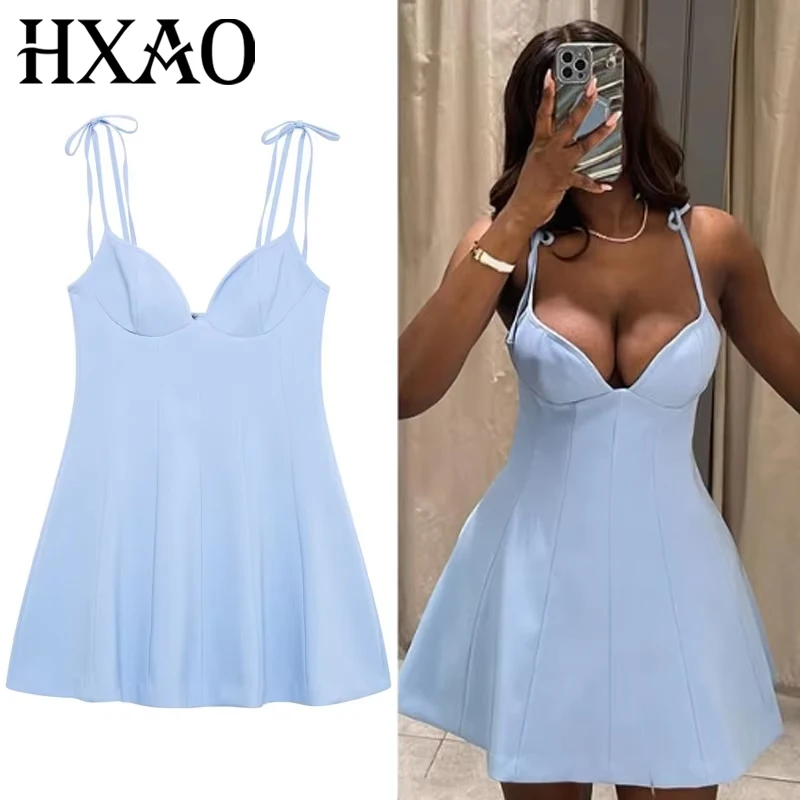 Hxao 2025 vestido feminino azul deslizamento vestido de verão mulher elegante borboleta espartilho vestidos curtos sólido sem mangas sem costas